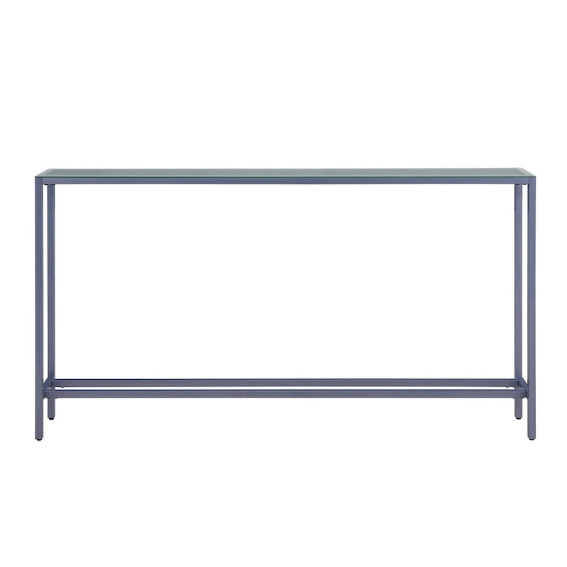 Console étroite avec plateau en verre miroir biseauté et cadre en métal