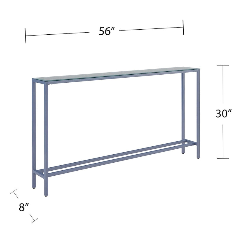 Console étroite avec plateau en verre miroir biseauté et cadre en métal