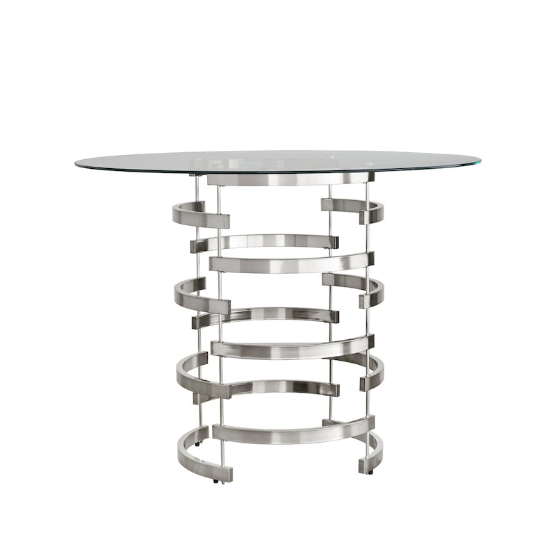 Table de salle à manger ronde à hauteur de comptoir avec plateau en verre et base Vortex