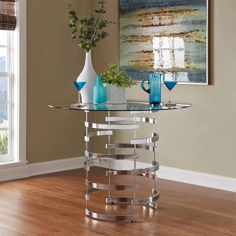 Table de salle à manger ronde à hauteur de comptoir avec plateau en verre et base Vortex