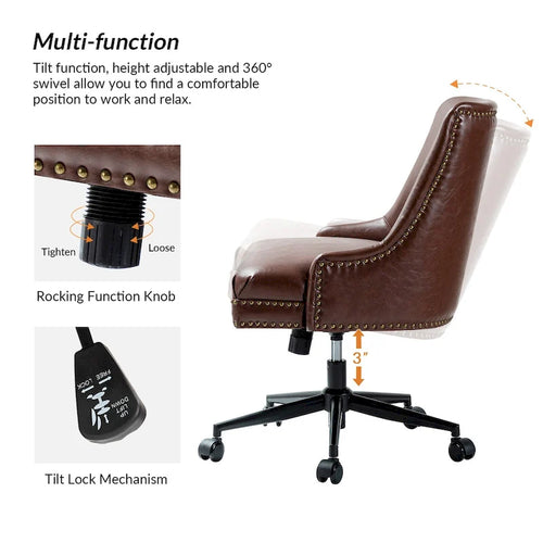 Fauteuil de bureau pivotant en similicuir avec clous décoratifs et réglage en hauteur