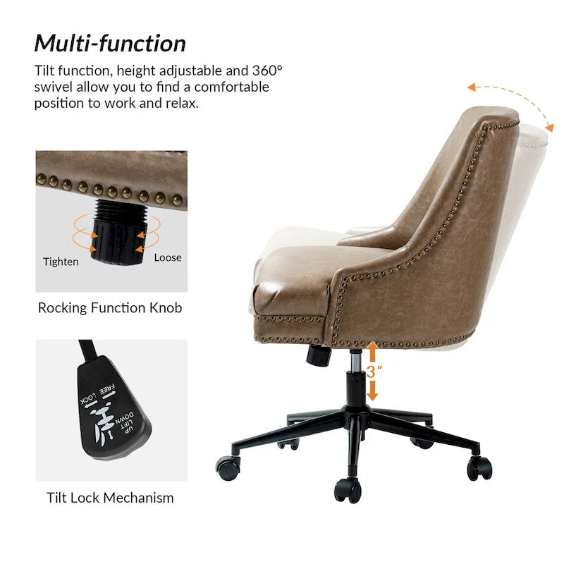 Fauteuil de bureau pivotant en similicuir avec clous décoratifs et réglage en hauteur