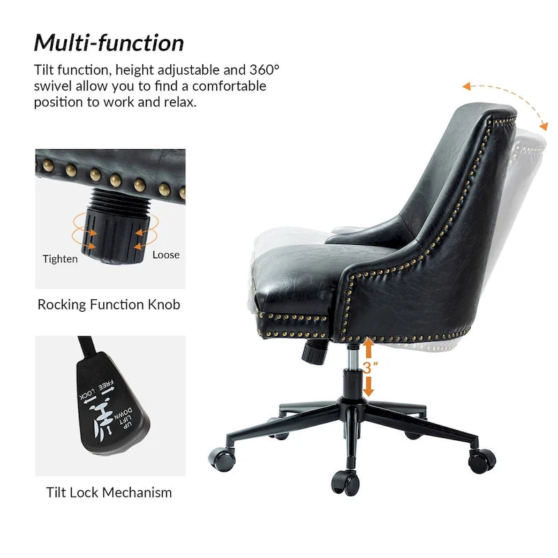 Fauteuil de bureau pivotant en similicuir avec clous décoratifs et réglage en hauteur