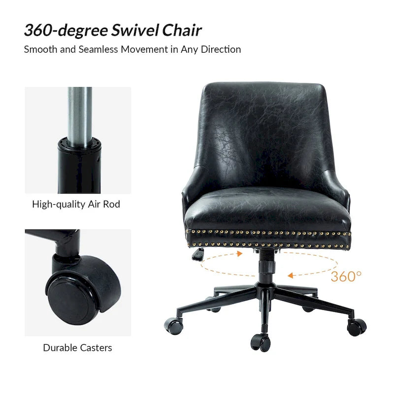 Fauteuil de bureau pivotant en similicuir avec clous décoratifs et réglage en hauteur