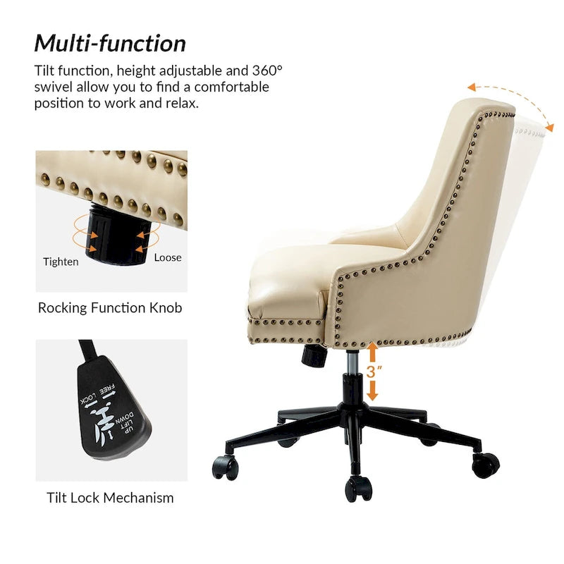 Fauteuil de bureau pivotant en similicuir avec clous décoratifs et réglage en hauteur