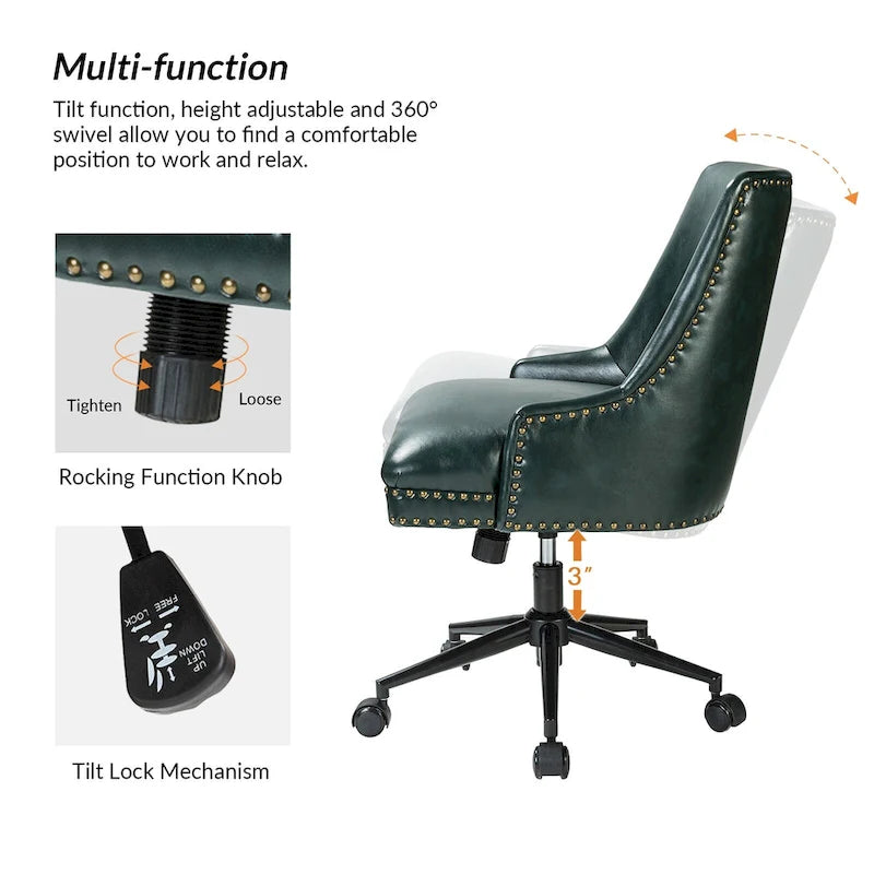 Fauteuil de bureau pivotant en similicuir avec clous décoratifs et réglage en hauteur