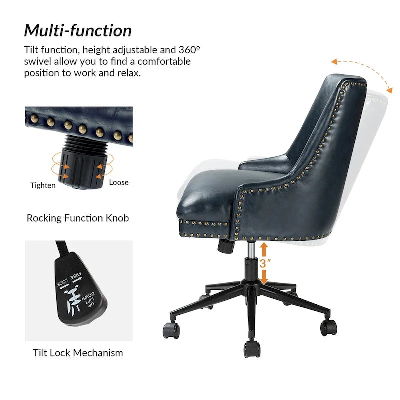 Fauteuil de bureau pivotant en similicuir avec clous décoratifs et réglage en hauteur