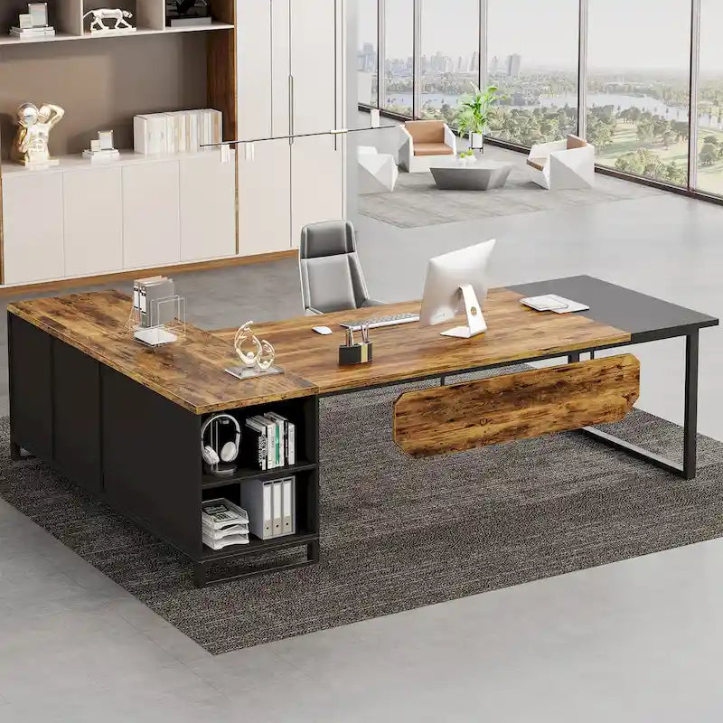 70.8 Executive Desk L-Shaped Office Computer Desk with 55 File Cabinet