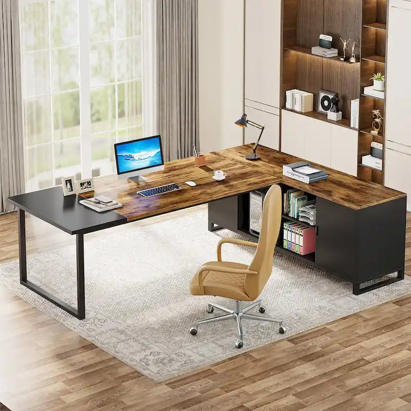 Bureau de direction en L avec caisson de classement et support pour imprimante