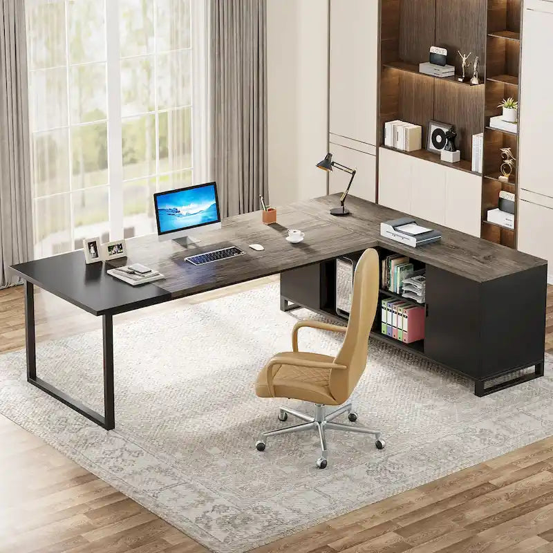 Bureau de direction en L avec caisson de classement et support pour imprimante