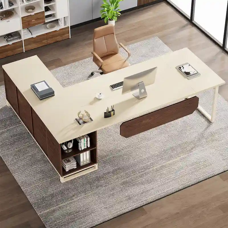 Bureau de direction en L avec caisson de classement et support pour imprimante