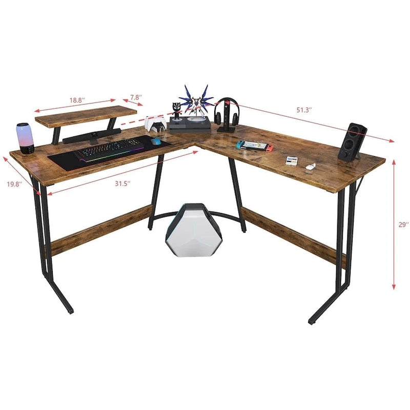 Bureau d'angle en L de gaming et de bureau avec support d'écran