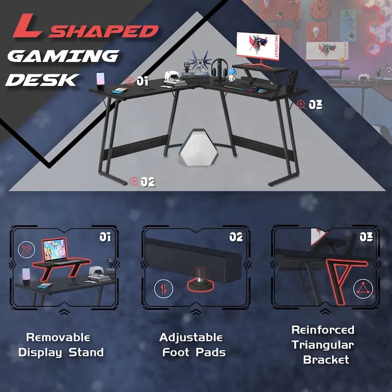 Bureau d'angle en L de gaming et de bureau avec support d'écran