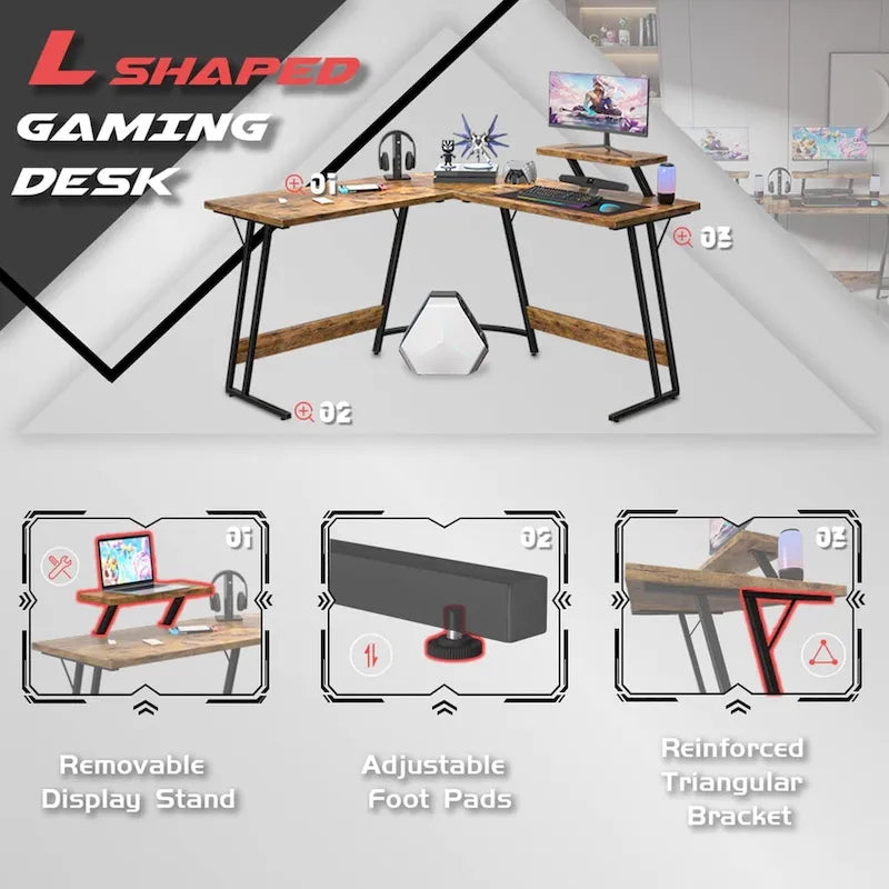 Bureau d'angle en L de gaming et de bureau avec support d'écran