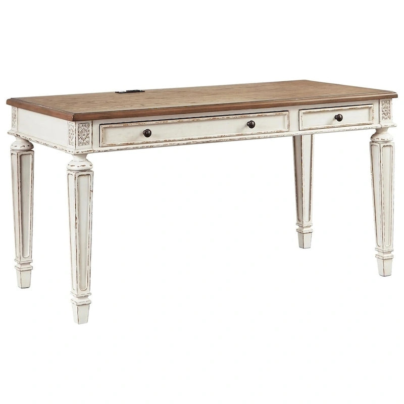 Bureau d'ordinateur vintage en bois vieilli avec tiroir rabattable et port USB
