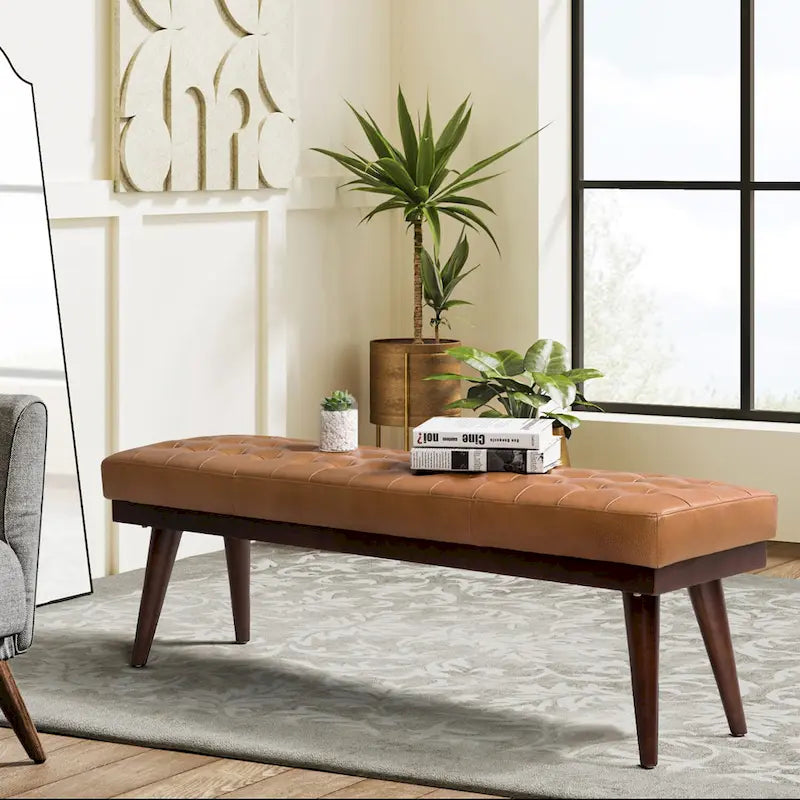 Banc capitonné en cuir véritable avec piètement en bois massif