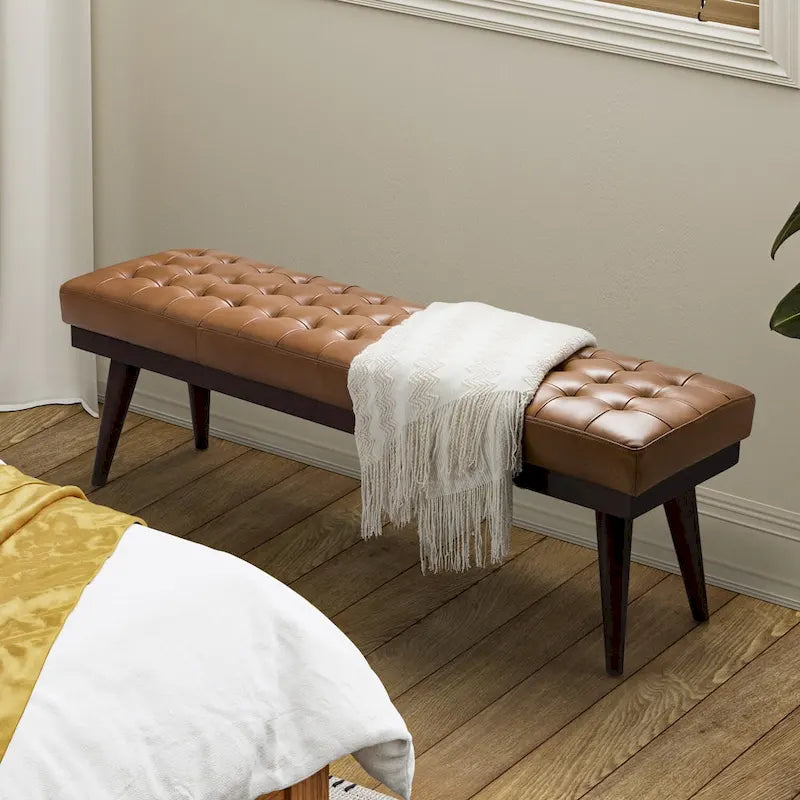 Banc capitonné en cuir véritable avec piètement en bois massif