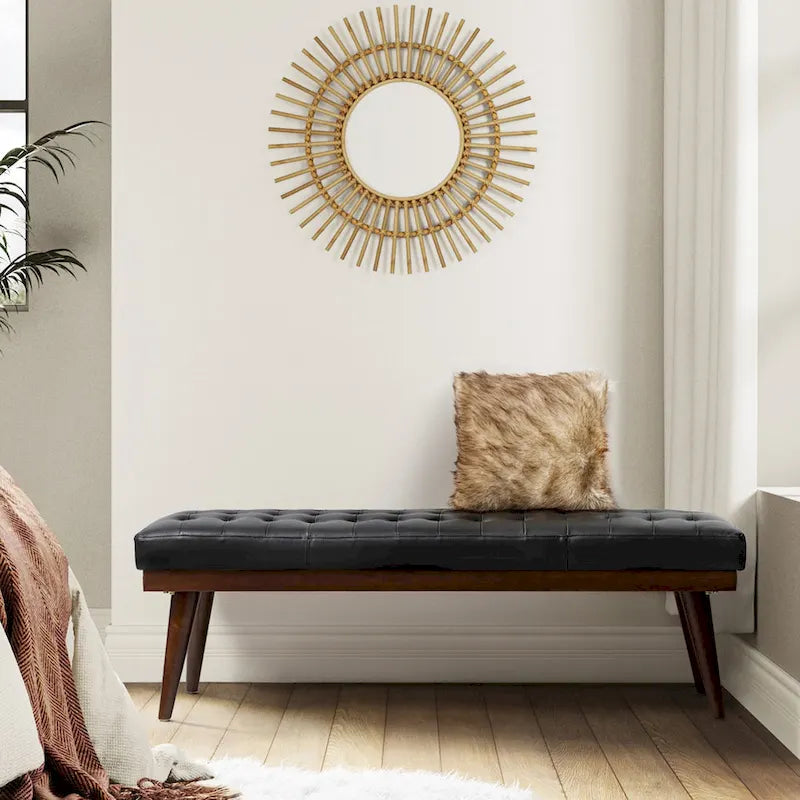 Banc capitonné en cuir véritable avec piètement en bois massif
