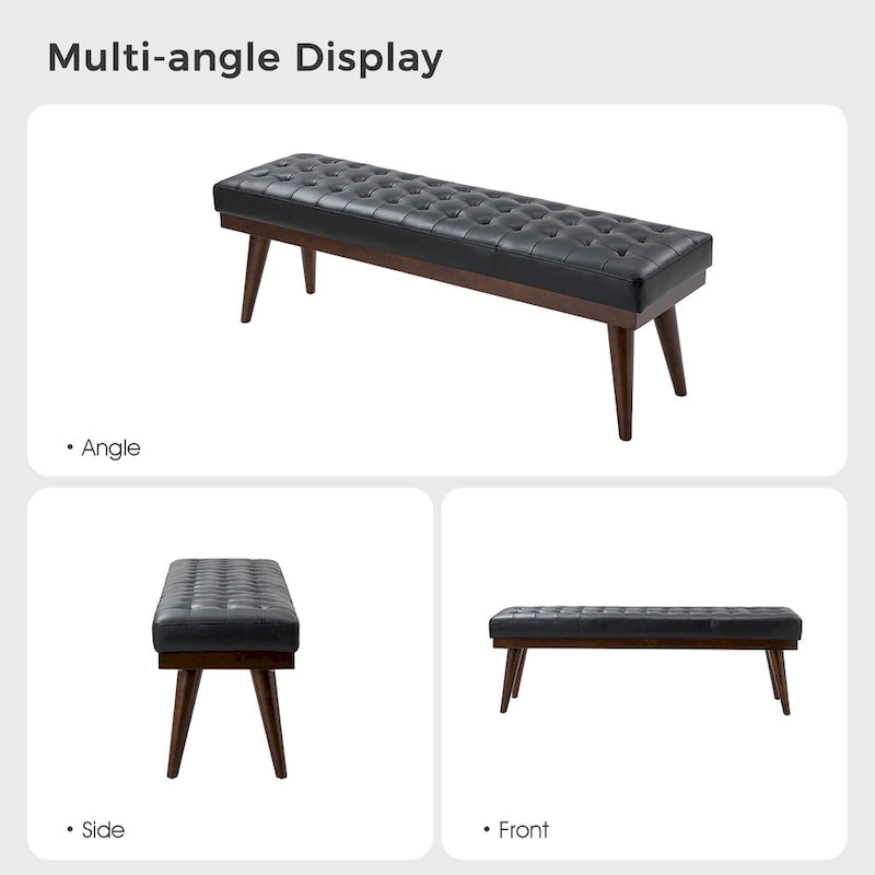 Banc capitonné en cuir véritable avec piètement en bois massif