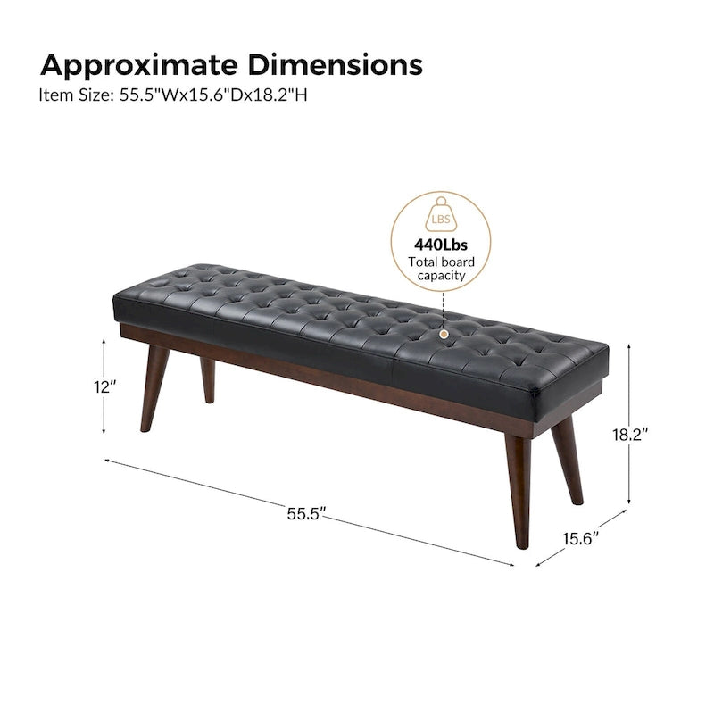 Banc capitonné en cuir véritable avec piètement en bois massif