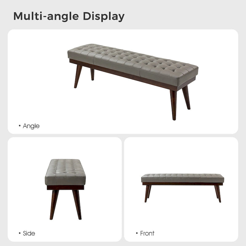 Banc capitonné en cuir véritable avec piètement en bois massif