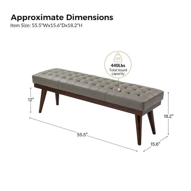 Banc capitonné en cuir véritable avec piètement en bois massif