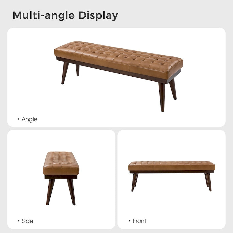 Banc capitonné en cuir véritable avec piètement en bois massif