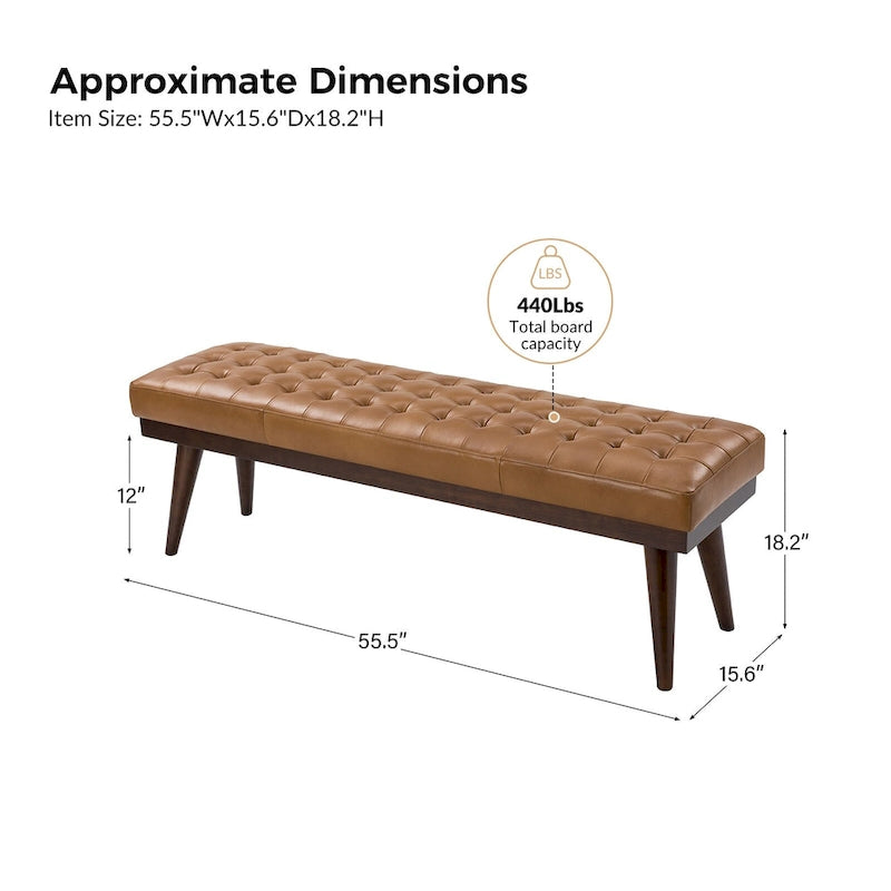 Banc capitonné en cuir véritable avec piètement en bois massif
