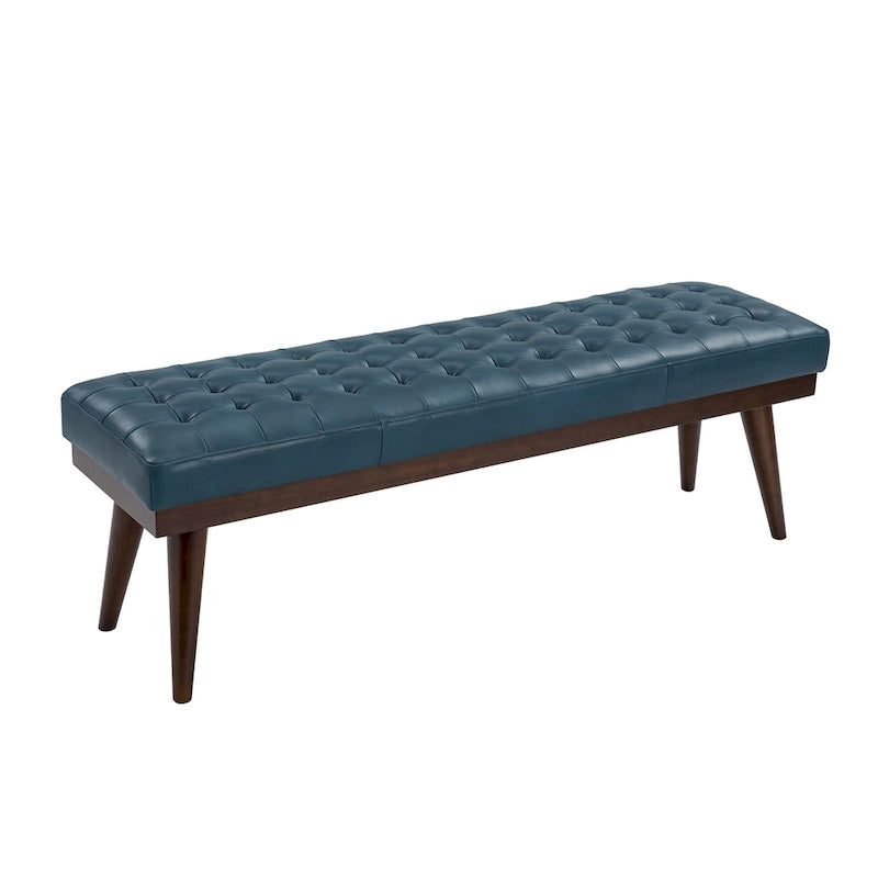 Banc capitonné en cuir véritable avec piètement en bois massif