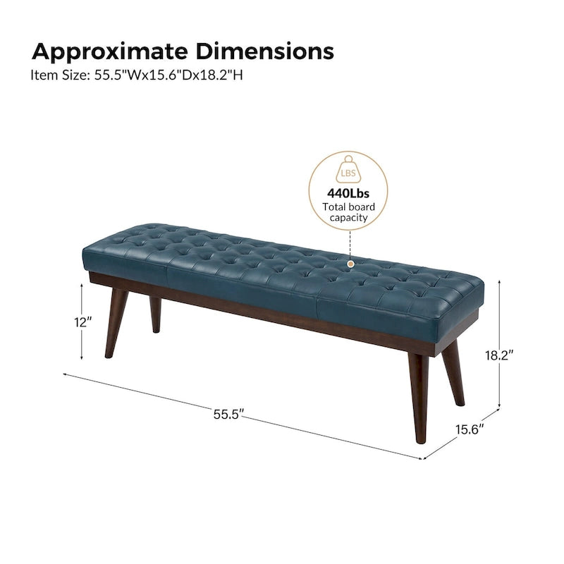 Banc capitonné en cuir véritable avec piètement en bois massif