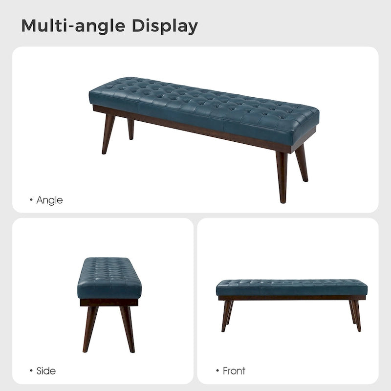 Banc capitonné en cuir véritable avec piètement en bois massif