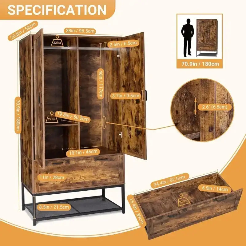 Armoire-penderie autoportante avec intérieur réglable et tiroir inférieur