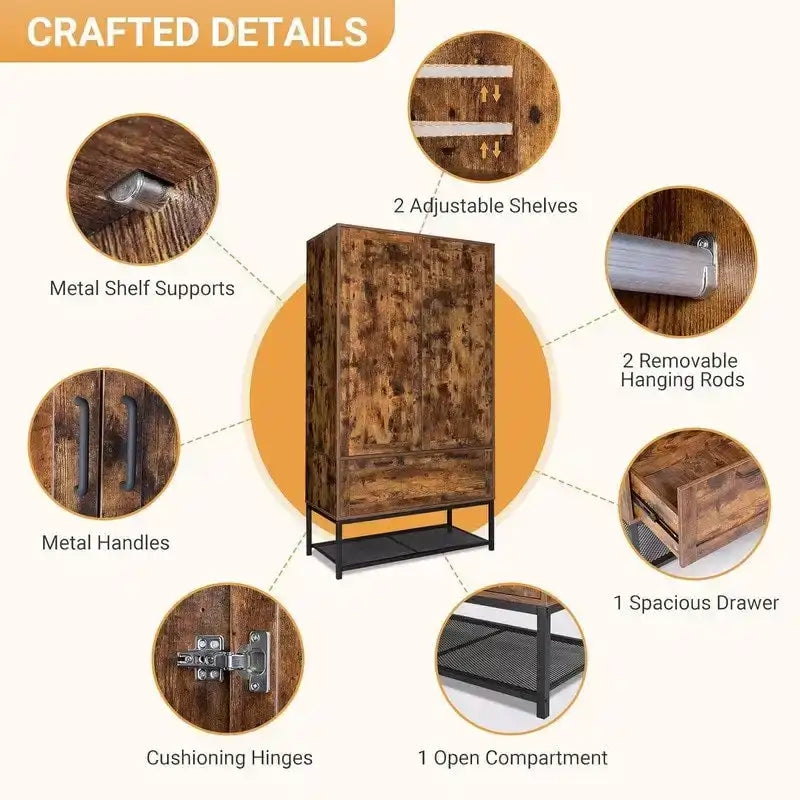 Armoire-penderie autoportante avec intérieur réglable et tiroir inférieur