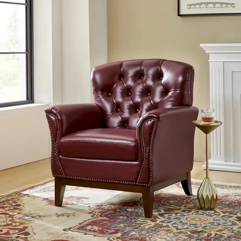 Fauteuil d'appoint en cuir véritable capitonné à dossier haut avec clous décoratifs et pieds en bois