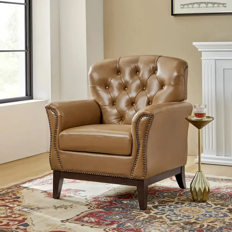 Burt Traditional Genuine Leather Accent Chair with Tufted Wing Back by HULALA HOME