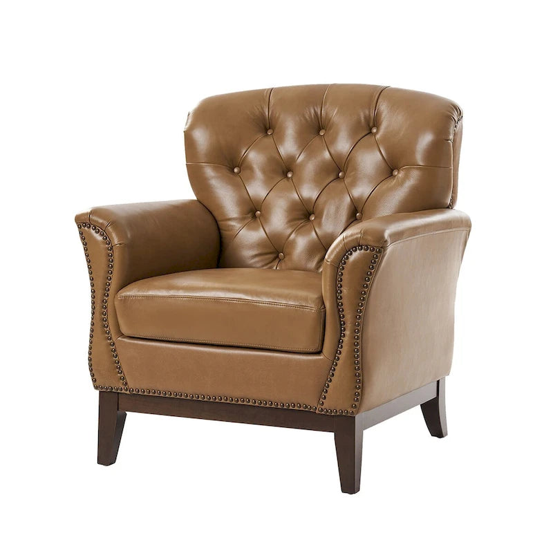 Fauteuil d'appoint en cuir véritable capitonné à dossier haut avec clous décoratifs et pieds en bois