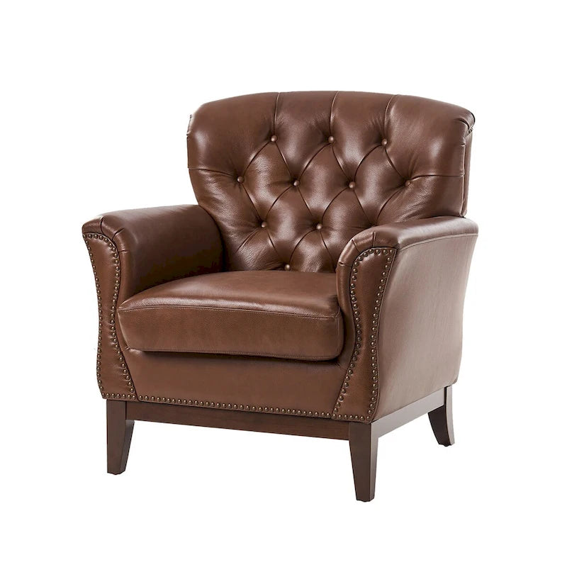 Fauteuil d'appoint en cuir véritable capitonné à dossier haut avec clous décoratifs et pieds en bois