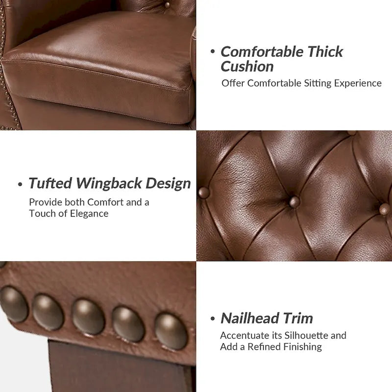 Fauteuil d'appoint en cuir véritable capitonné à dossier haut avec clous décoratifs et pieds en bois