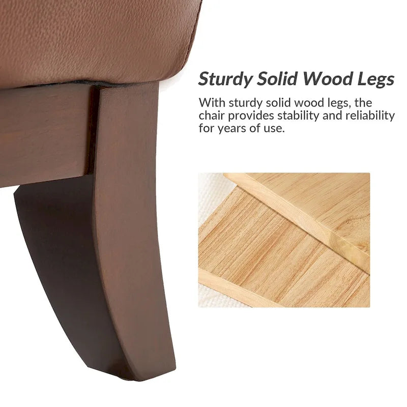 Fauteuil d'appoint en cuir véritable capitonné à dossier haut avec clous décoratifs et pieds en bois