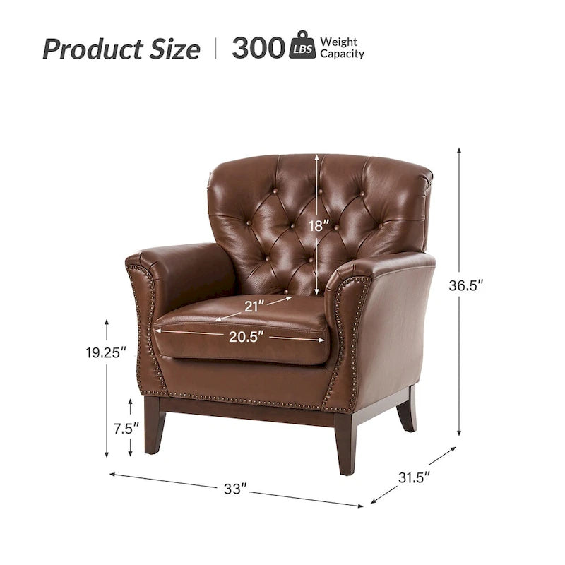 Fauteuil d'appoint en cuir véritable capitonné à dossier haut avec clous décoratifs et pieds en bois