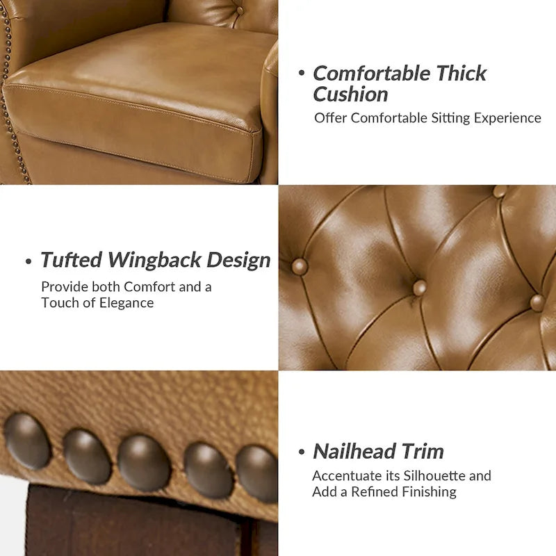 Fauteuil d'appoint en cuir véritable capitonné à dossier haut avec clous décoratifs et pieds en bois