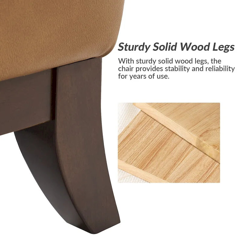 Fauteuil d'appoint en cuir véritable capitonné à dossier haut avec clous décoratifs et pieds en bois