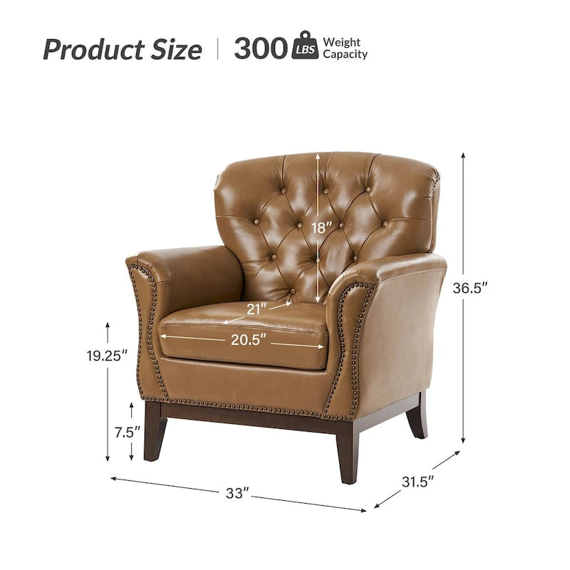 Fauteuil d'appoint en cuir véritable capitonné à dossier haut avec clous décoratifs et pieds en bois