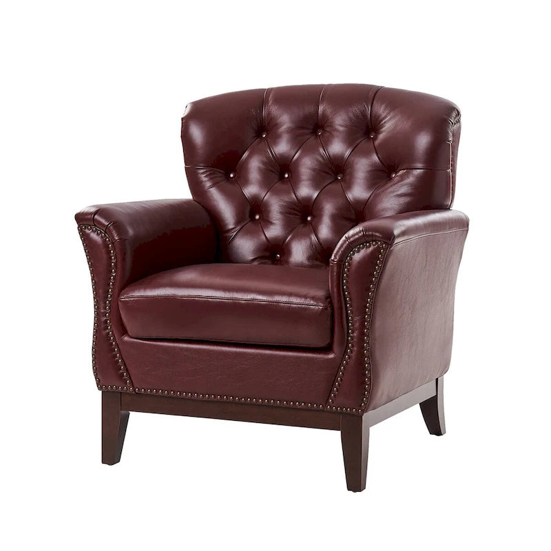 Fauteuil d'appoint en cuir véritable capitonné à dossier haut avec clous décoratifs et pieds en bois