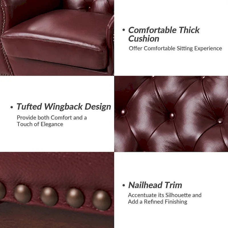 Fauteuil d'appoint en cuir véritable capitonné à dossier haut avec clous décoratifs et pieds en bois