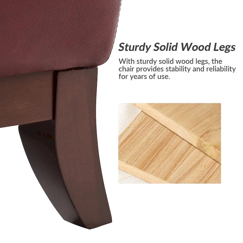 Fauteuil d'appoint en cuir véritable capitonné à dossier haut avec clous décoratifs et pieds en bois