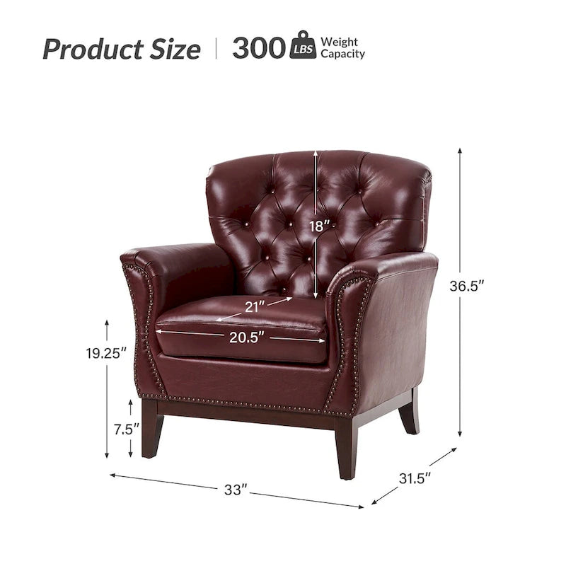 Fauteuil d'appoint en cuir véritable capitonné à dossier haut avec clous décoratifs et pieds en bois