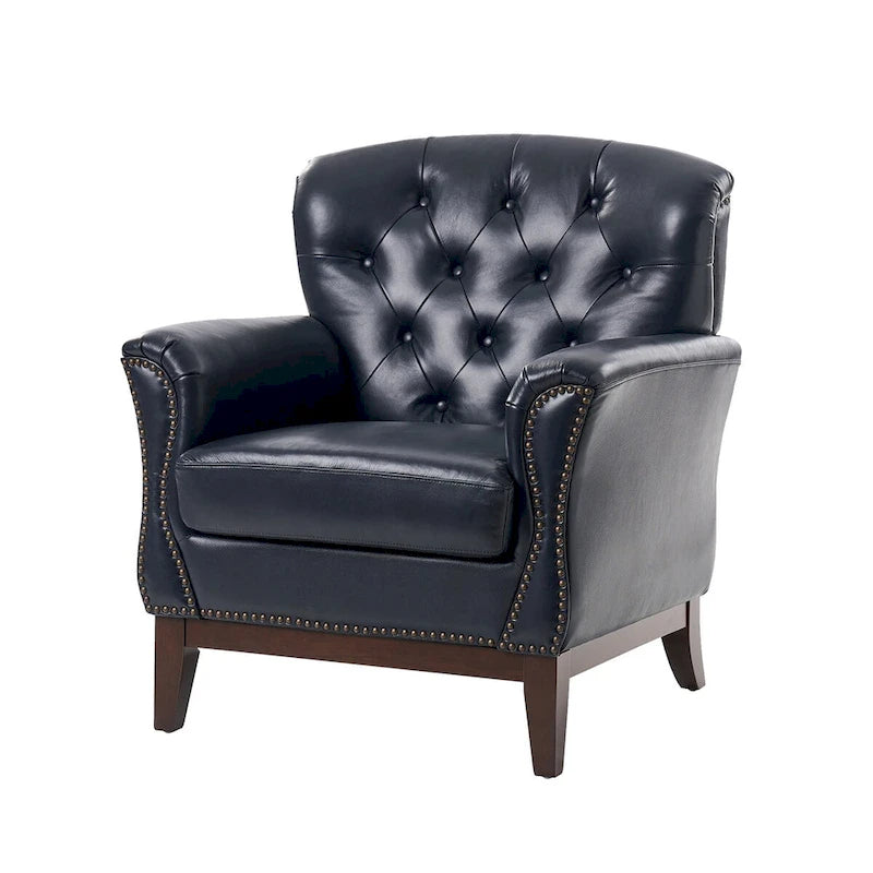 Fauteuil d'appoint en cuir véritable capitonné à dossier haut avec clous décoratifs et pieds en bois