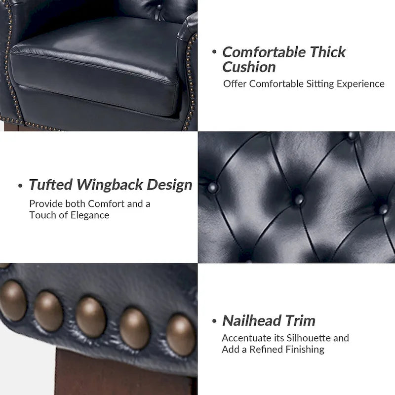 Fauteuil d'appoint en cuir véritable capitonné à dossier haut avec clous décoratifs et pieds en bois