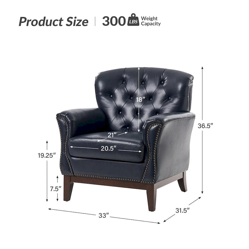 Fauteuil d'appoint en cuir véritable capitonné à dossier haut avec clous décoratifs et pieds en bois